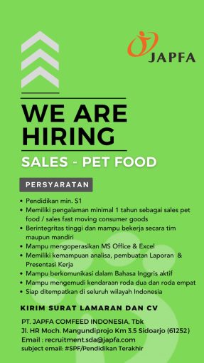 Lowongan Kerja Sales Pet Food Pt Japfa Comfeed Indonesia