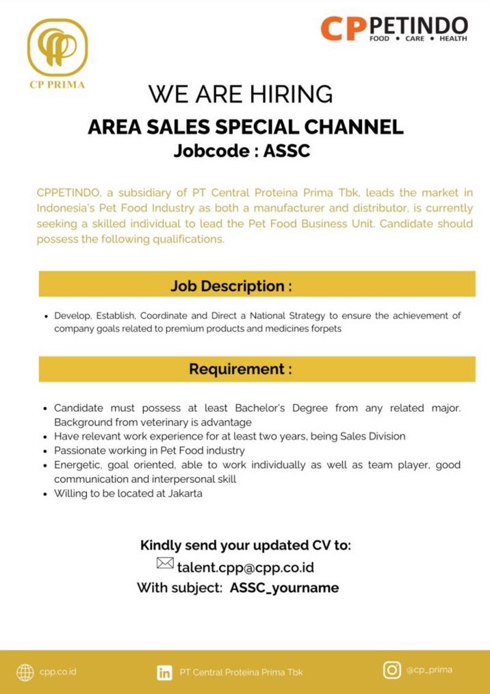  Lowongan Kerja Area Sales Special Channel Cp Petindo 